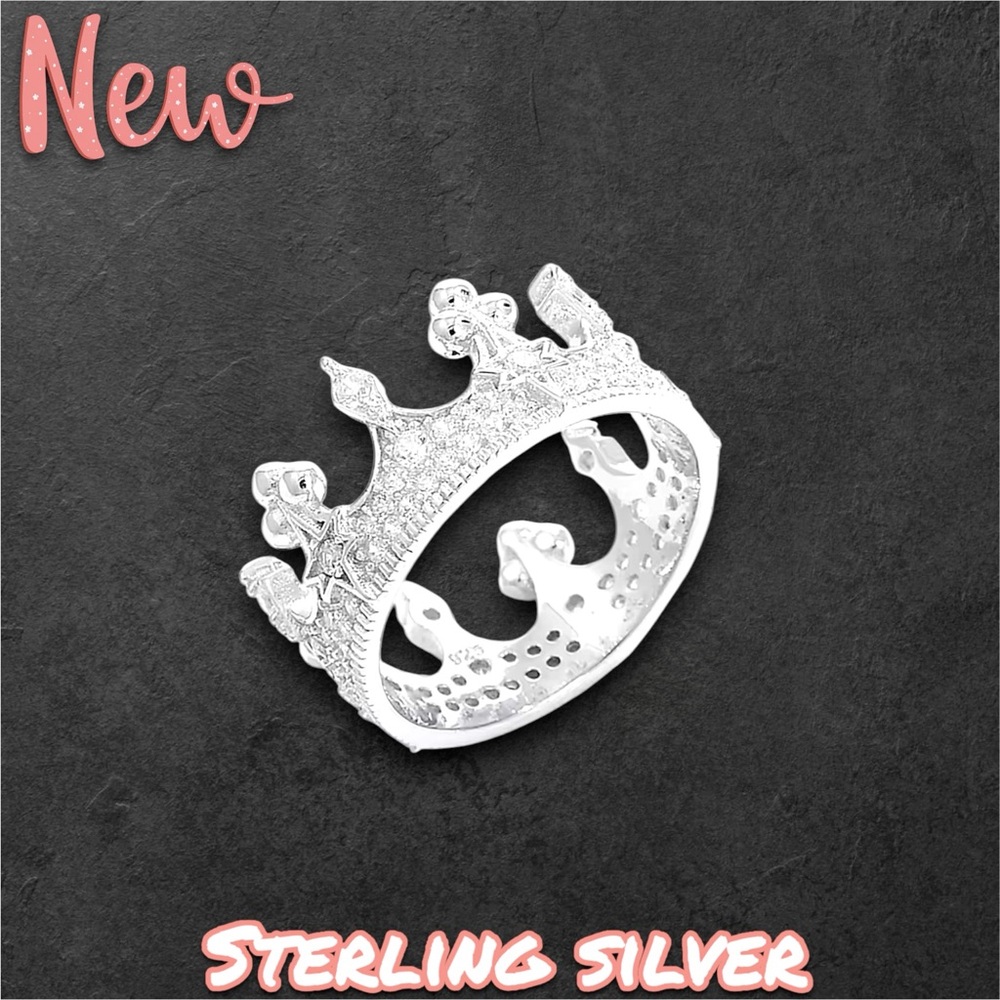 New .925 Sterling Silver Luxury Vintage Princess Crown Wedding Engagement Ring - Picture 2 of 3